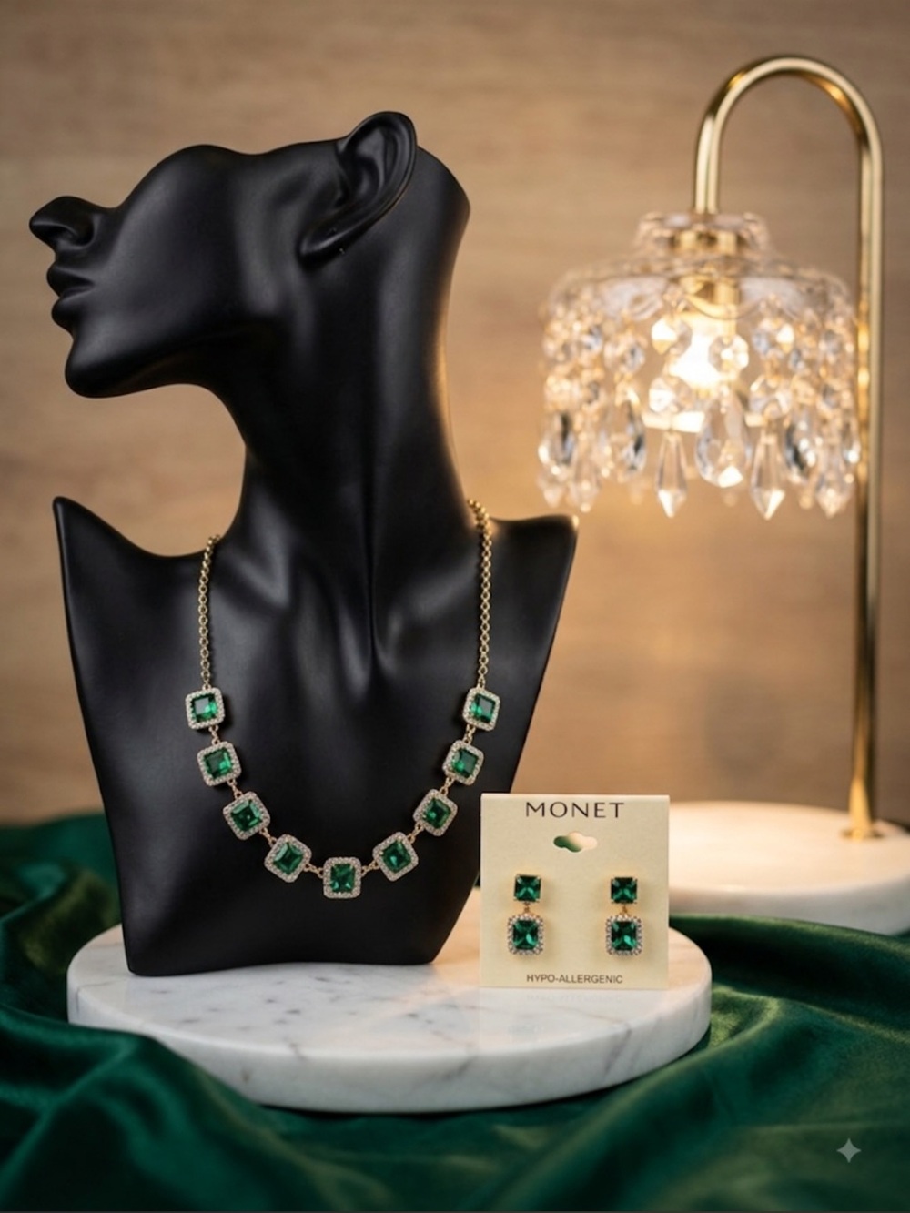 Monet Gold-Tone Necklace and Stud Earring Set with Emerald Green Stones